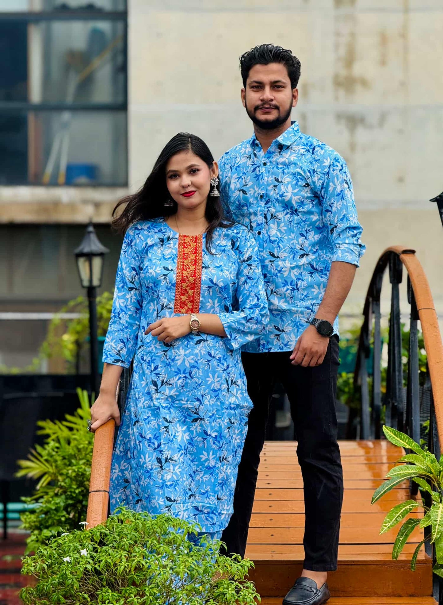 Premium Sky Blue Floral Matching Couple Combo Set - Fully Stitched Readymade Salwar Kameez & Men’s Semi-Fit Shirt