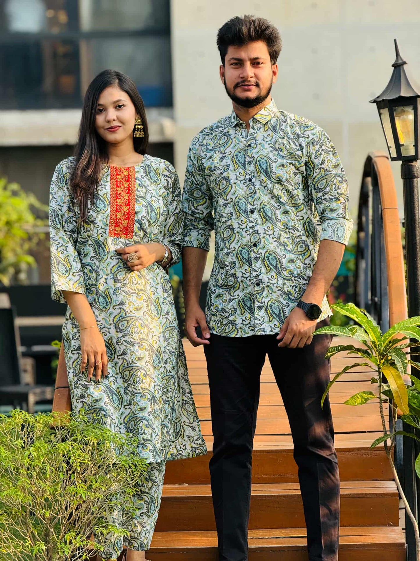 Premium Paisley Print Matching Couple Combo Set - Fully Stitched Readymade Salwar Kameez & Men’s Semi-Fit Shirt (Kalki Design)