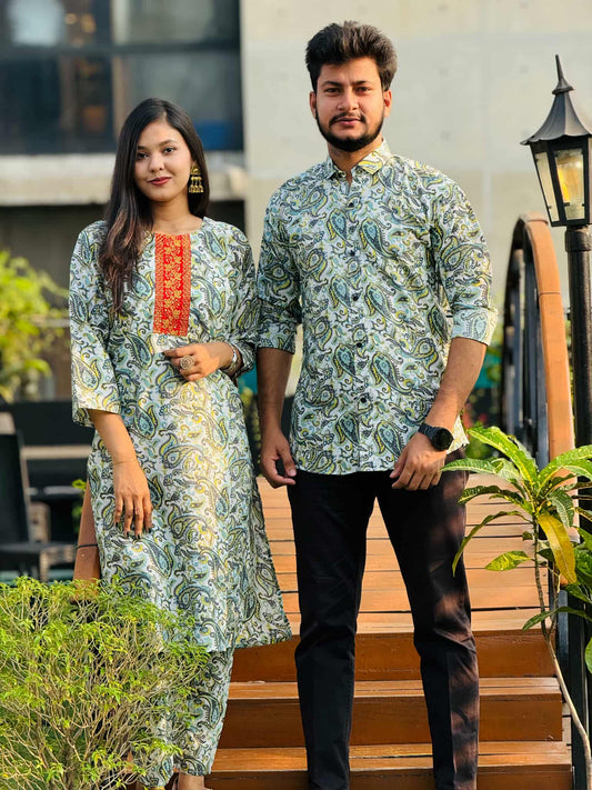 Premium Paisley Print Matching Couple Combo Set - Fully Stitched Readymade Salwar Kameez & Men’s Semi-Fit Shirt (Kalki Design)