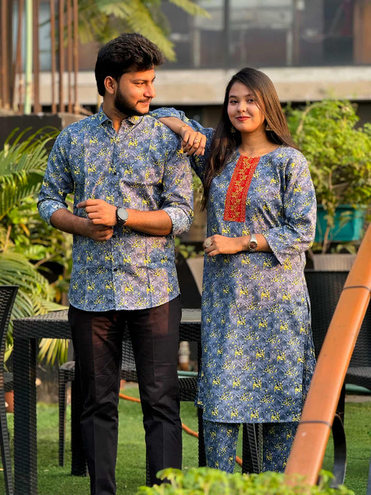 Premium Steel Blue Matching Couple Combo Set - Fully Stitched Readymade Salwar Kameez & Men’s Semi-Fit Shirt