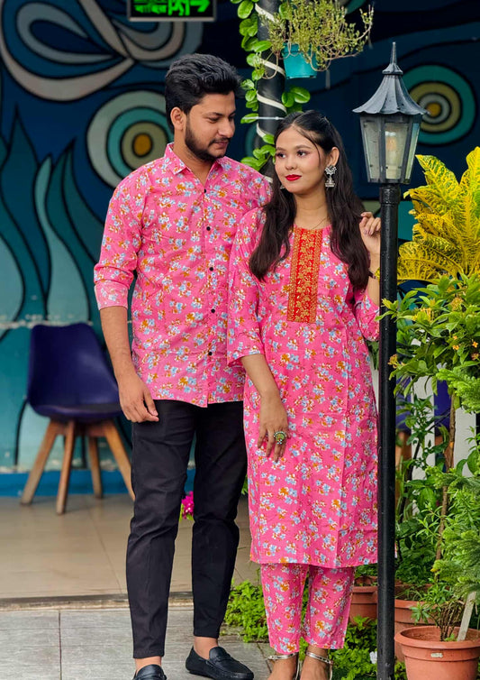Premium Pink Floral Matching Couple Combo Set - Fully Stitched Readymade Salwar Kameez & Men’s Semi-Fit Shirt