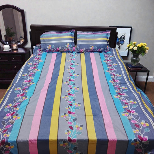 Premium King Size Multicolor Striped Floral Bedsheet Set - Durable 80% Cotton Mix 4-Piece Bedding with Color Guarantee (7' x 8')