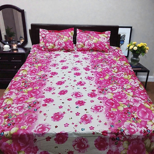 Premium King Size Pink Rose Floral Bedsheet Set - Durable 80% Cotton Mix 4-Piece Bedding with Color Guarantee (7' x 8')
