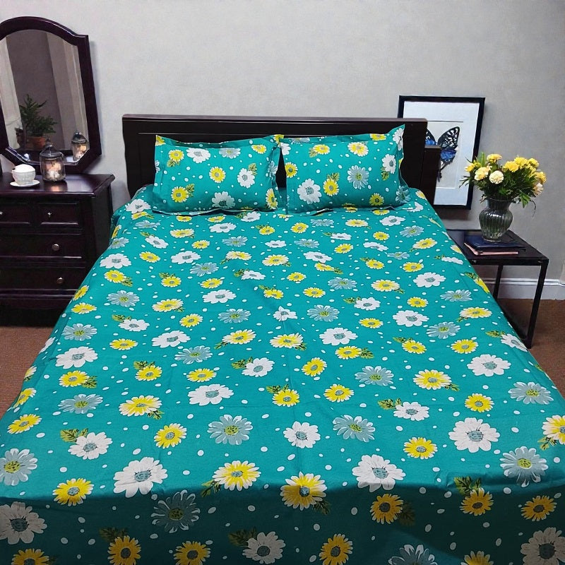 Premium King Size Teal Green Floral Bedsheet Set - Durable 80% Cotton Mix 4-Piece Bedding with Color Guarantee (7' x 8')