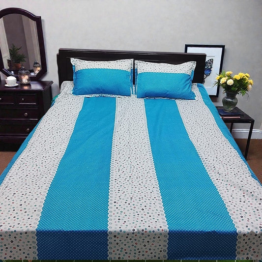 Premium King Size Sky Blue Polka Dot Bedsheet Set - Durable 80% Cotton Mix 4-Piece Bedding with Color Guarantee (7' x 8')