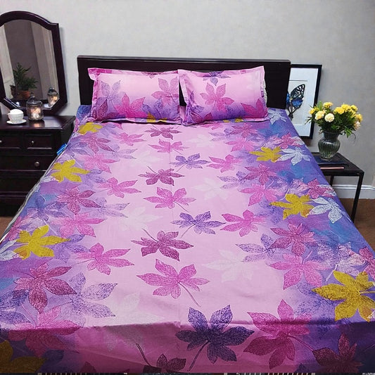 Premium King Size Purple Leaf Print Bedsheet Set - Durable 80% Cotton Mix 4-Piece Bedding with Color Guarantee (7' x 8')