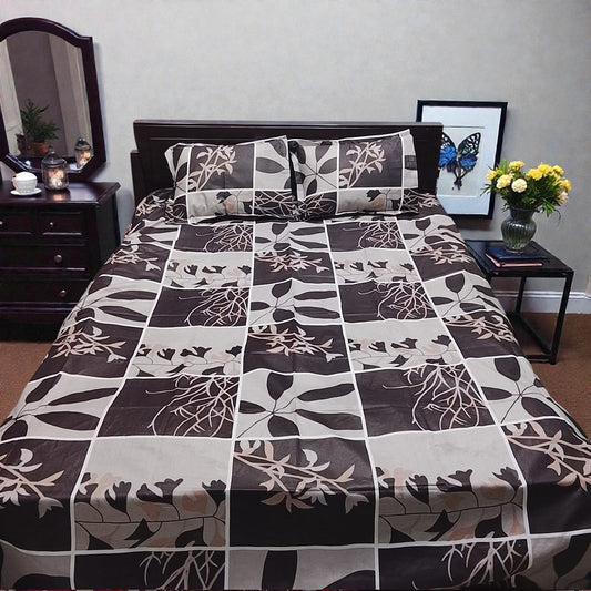 Premium King Size Coffee Brown Grid Bedsheet Set - Durable 80% Cotton Mix Bedding with 4-Piece Complete Set (Color Guarantee)