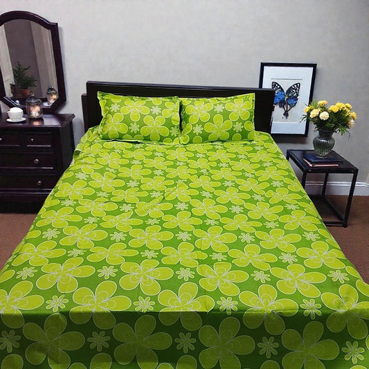 Premium King Size Parrot Green Floral Bedsheet Set - Durable 80% Cotton Mix 4-Piece Bedding with Color Guarantee (7' x 8')