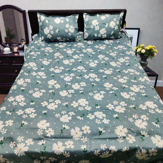 Premium King Size Greyish-Blue Daisy Floral Bedsheet Set - Durable 80% Cotton Mix 4-Piece Bedding with Color Guarantee (7' x 8')