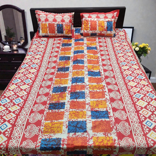 Premium King Size Red Traditional Print Bedsheet Set - Durable 80% Cotton Mix 4-Piece Bedding with Color Guarantee (7' x 8')