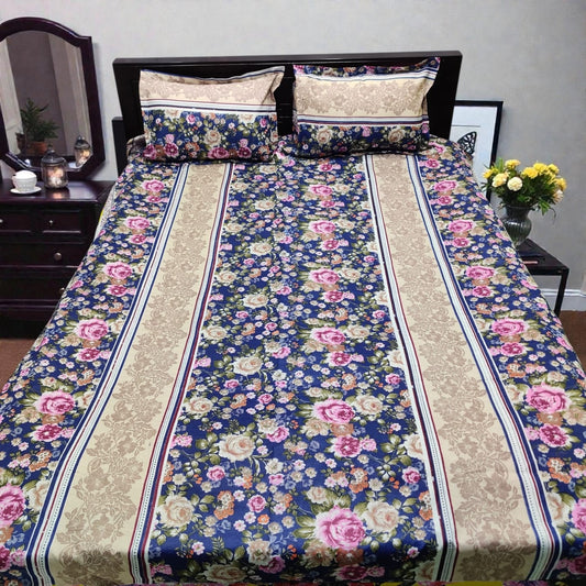 Premium King Size Navy Blue Floral Bedsheet Set - Durable 80% Cotton Mix 4-Piece Bedding with Color Guarantee (7' x 8')