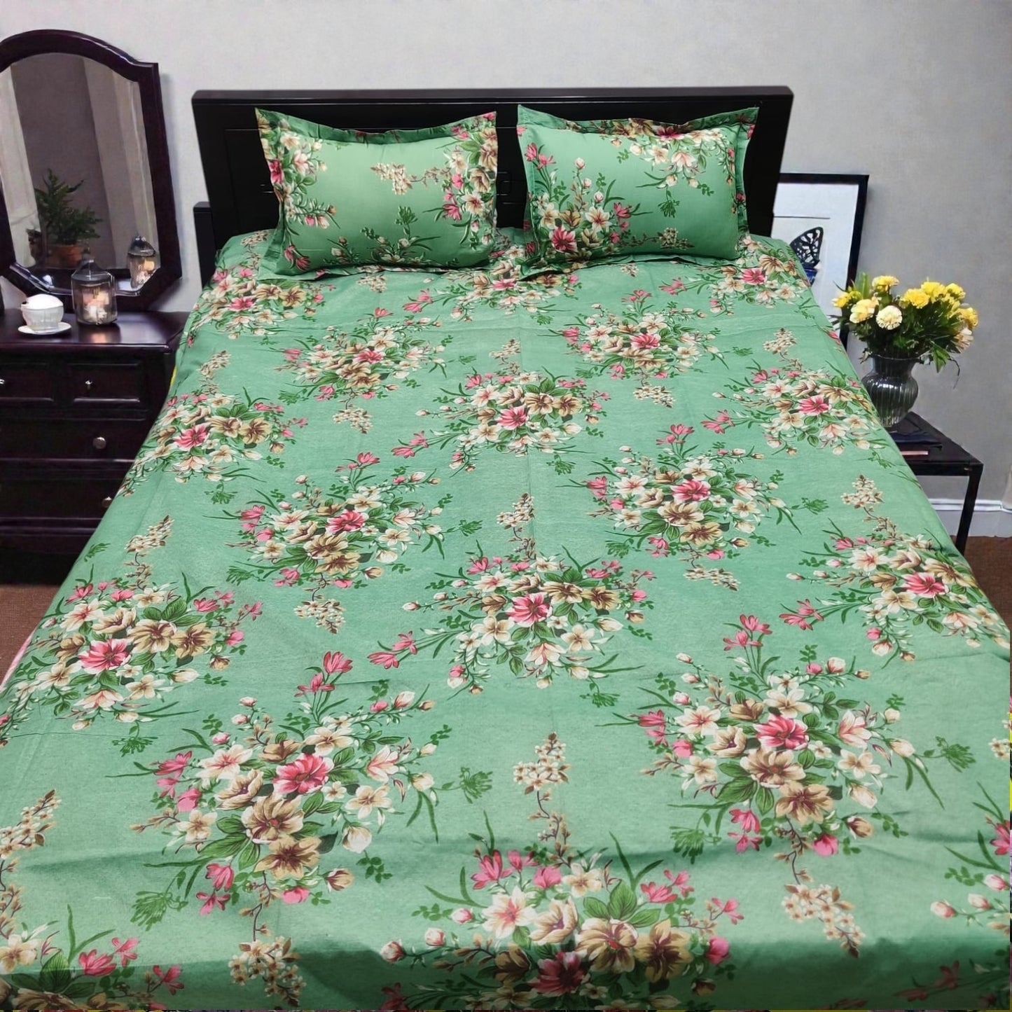 Premium King Size Sage Green Floral Bedsheet Set - Durable 80% Cotton Mix 4-Piece Bedding with Color Guarantee (7' x 8')