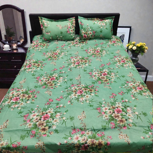 Premium King Size Sage Green Floral Bedsheet Set - Durable 80% Cotton Mix 4-Piece Bedding with Color Guarantee (7' x 8')