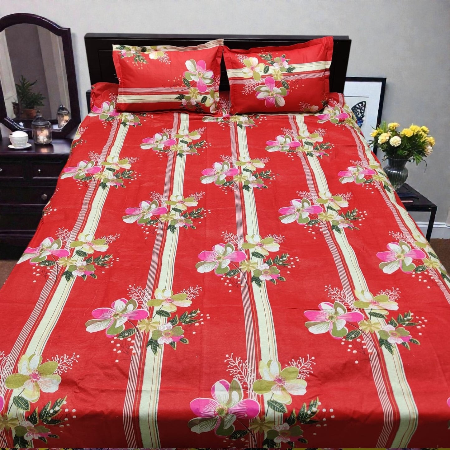 Premium King Size Red Floral Striped Bedsheet Set - Durable 80% Cotton Mix 4-Piece Bedding with Color Guarantee (7' x 8')