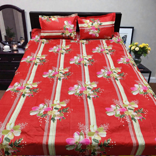 Premium King Size Red Floral Striped Bedsheet Set - Durable 80% Cotton Mix 4-Piece Bedding with Color Guarantee (7' x 8')