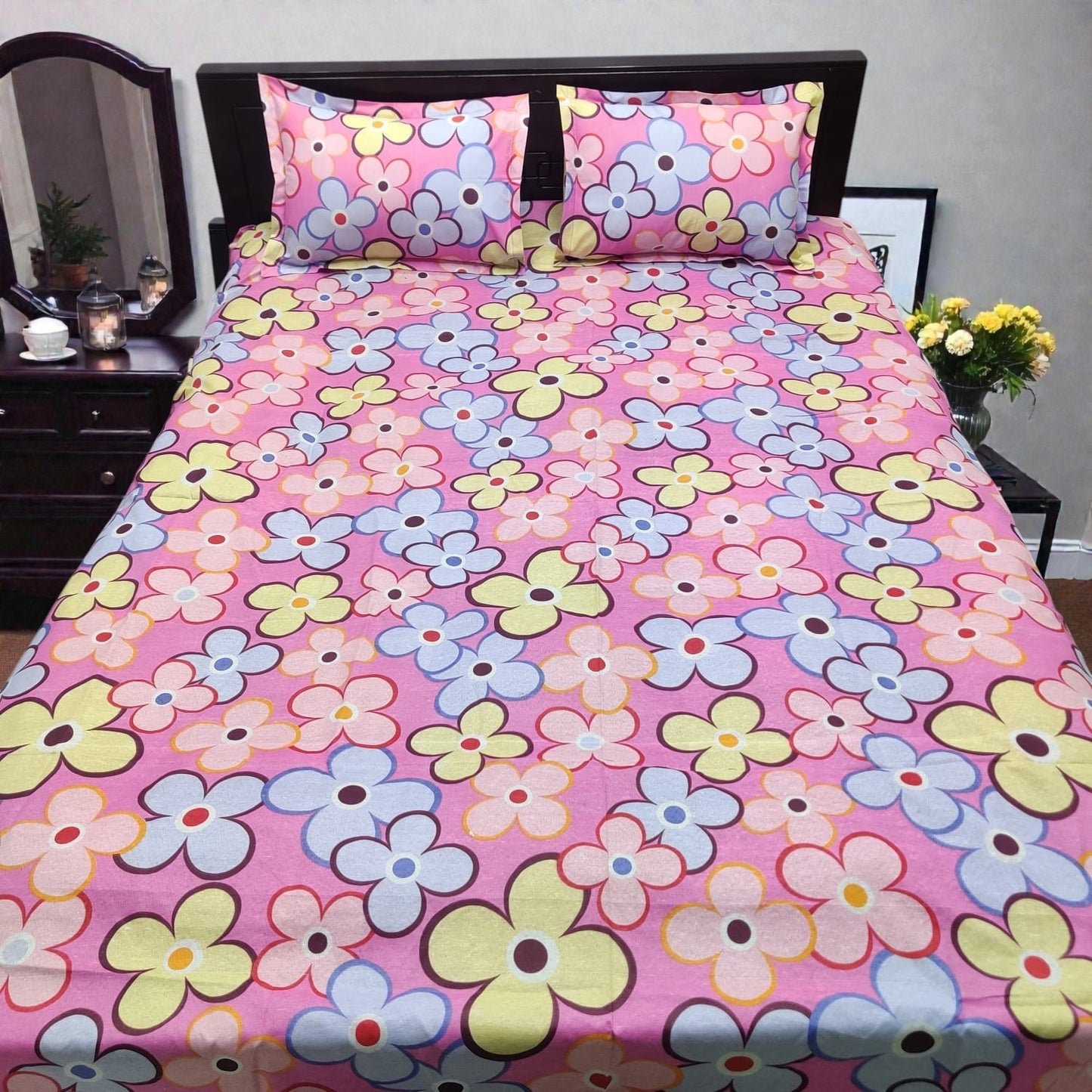 Premium King Size Pink & Yellow Floral Bedsheet Set - Durable 80% Cotton Mix 4-Piece Bedding with Color Guarantee (7' x 8')