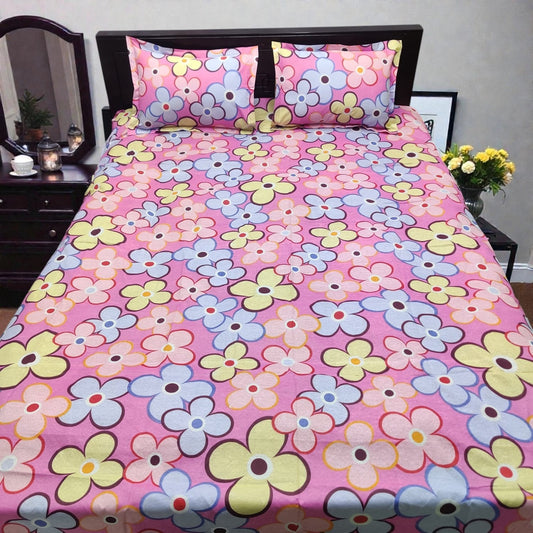 Premium King Size Pink & Yellow Floral Bedsheet Set - Durable 80% Cotton Mix 4-Piece Bedding with Color Guarantee (7' x 8')