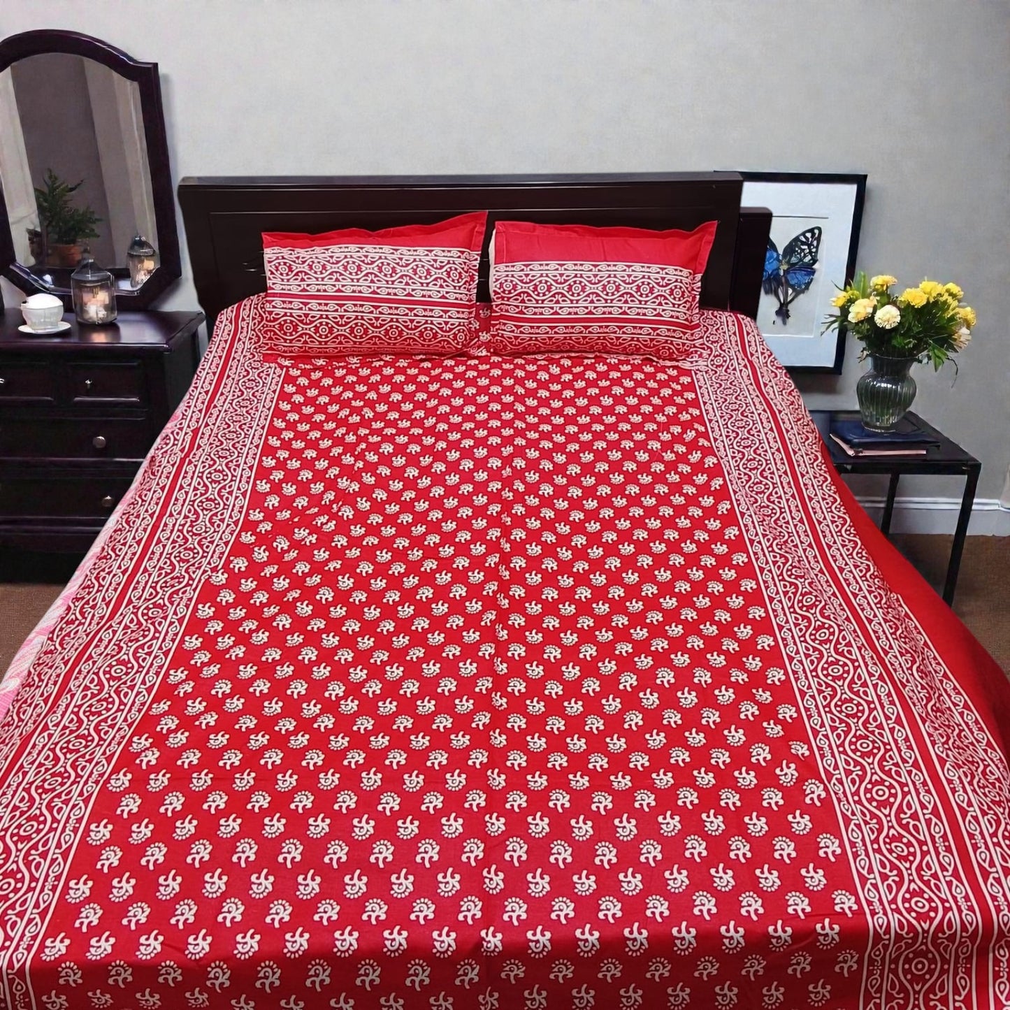 Premium Red Ethnic Print King Size Bedsheet Set - Durable 80% Cotton Mix 4-Piece Bedding with Color Guarantee (7' x 8')