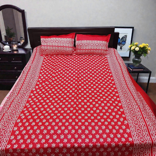 Premium Red Ethnic Print King Size Bedsheet Set - Durable 80% Cotton Mix 4-Piece Bedding with Color Guarantee (7' x 8')
