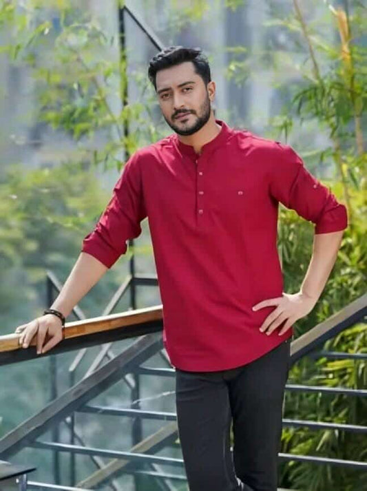Khalifa Fashion Premium Pure Cotton Katuya for Men - Slim Fit Export Quality Red Ethnic Wear with Metal Buttons