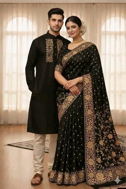 Premium Royal Black & Gold Matching Couple Combo Set - Japanese Soft Silk Saree & Dhupian Silk Panjabi for Weddings & Festivals