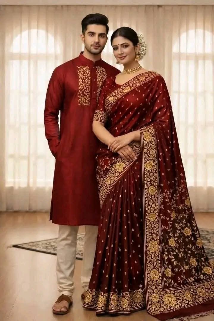 Premium Maroon Matching Couple Combo Set - Japanese Soft Silk Saree & Dhupian Silk Panjabi for Weddings & Festivals