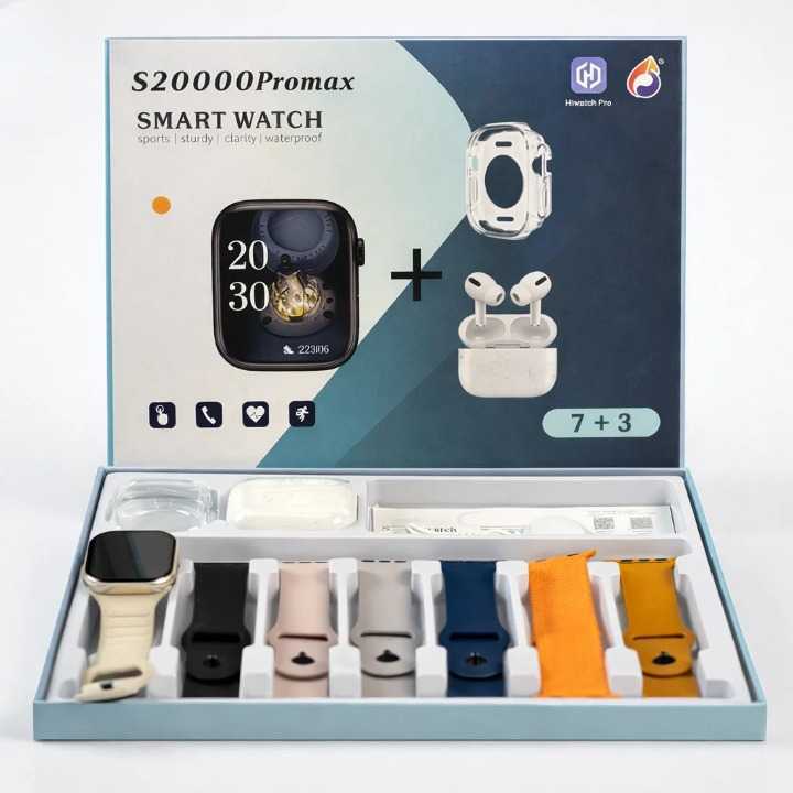 S20000 Promax Smart Watch 10-in-1 Mega Combo Set - Large HD Display with 7 Premium Straps, TWS Earbuds & Protective Case