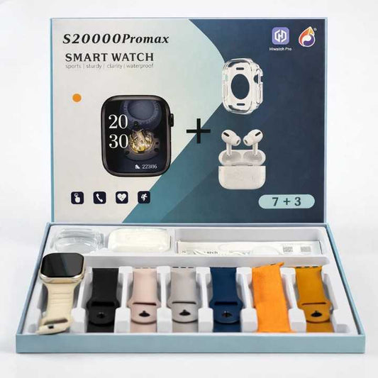 S20000 Promax Smart Watch 10-in-1 Mega Combo Set - Large HD Display with 7 Premium Straps, TWS Earbuds & Protective Case