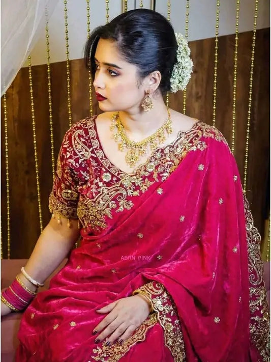 Premium Indian Jimmy Choo Saree in Vibrant Magenta - Heavy Embroidery & Sparkling Sequin Work with Designer Net-Back Blouse