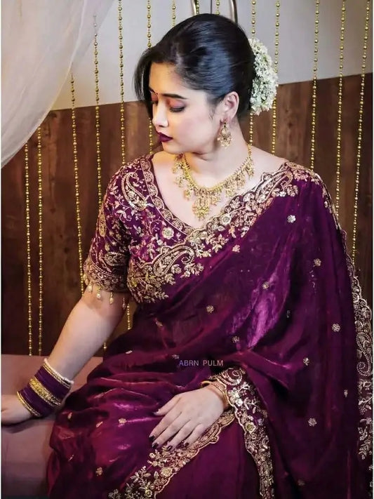 Premium Indian Jimmy Choo Saree in Deep Plum - Heavy Designer Embroidery & Sequin Work with Luxury Net-Back Blouse