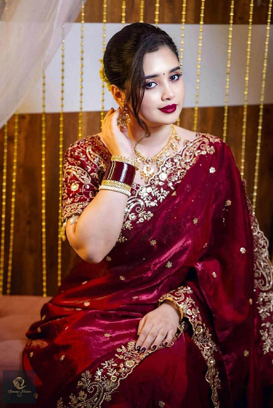 Premium Indian Jimmy Choo Saree - Heavy Embroidery & Glittering Sequin Work with Designer Net-Back Blouse Piece