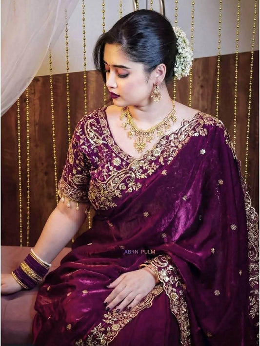 Premium Indian Jimmy Choo Saree in Deep Purple - Heavy Embroidery & Sparkling Sequin Work with Designer Net-Back Blouse