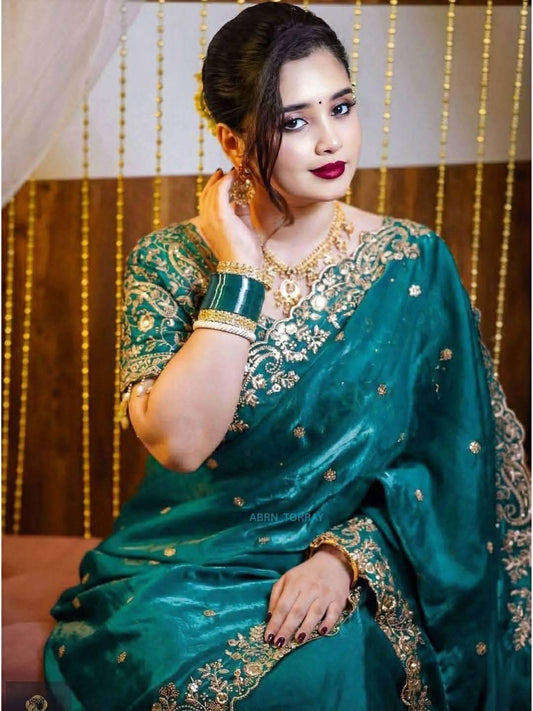 Premium Teal Green Indian Jimmy Choo Saree - Heavy Embroidery & Sparkling Sequin Work with Designer Net-Back Blouse Piece