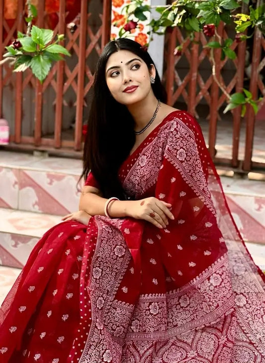 Premium Red Benarasi Motif Skin Print Saree - Full 12 Haat Length with Matching Blouse Piece for Parties & Festivals