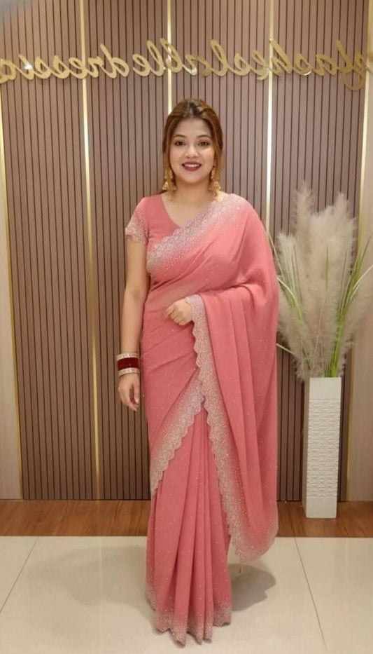 Premium Peach Pure Georgette Saree with Intricate Jarkan Stone Work - Elegant Party Wear Saree with Unstitched Blouse Piece
