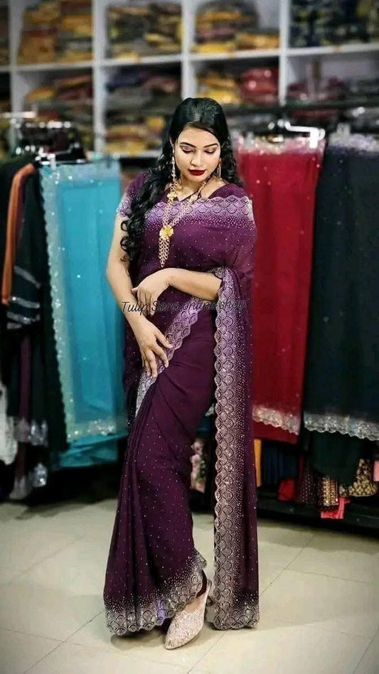 Premium Pure Georgette Saree with Heavy Jarkan Stone Work - Gorgeous Designer Party Wear Saree with Unstitched Blouse Piece