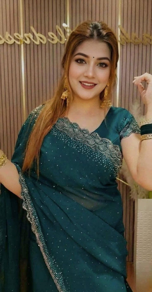 Premium Teal Green Pure Georgette Saree with Exquisite Jarkan Stone Work - Elegant Party Wear Saree with Unstitched Blouse Piece