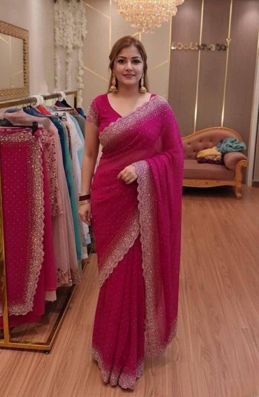 Premium Magenta Pure Georgette Saree with Heavy Jarkan Stone Work - Vibrant Party Wear Saree with Unstitched Blouse Piece