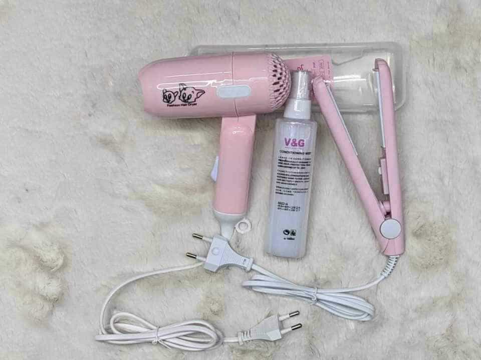 3-in-1 Ultimate Mini Hair Styling Combo - Portable Hair Dryer, 2-in-1 Mini Straightener & V&G Heat Protector Spray