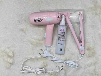 3-in-1 Ultimate Mini Hair Styling Combo - Portable Hair Dryer, 2-in-1 Mini Straightener & V&G Heat Protector Spray