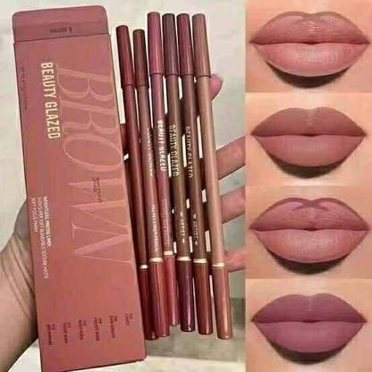 Beauty Glazed 6-Piece 2-in-1 Matte Lip Liner & Lipstick Set - Long Lasting & Smooth Finish