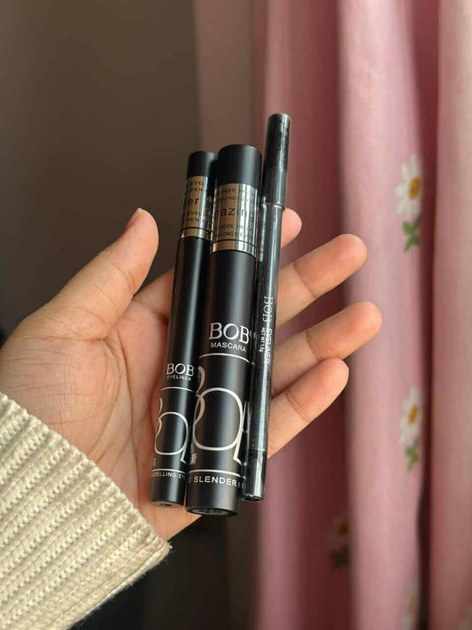 BOB 3-in-1 Waterproof Eye Makeup Set - Intense Black Kajal, Eyeliner & Mascara Trio