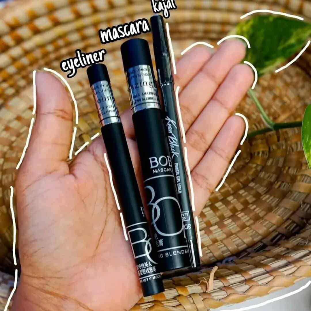 BOB 3-in-1 Waterproof Eye Makeup Set - Intense Black Kajal, Eyeliner & Mascara Trio