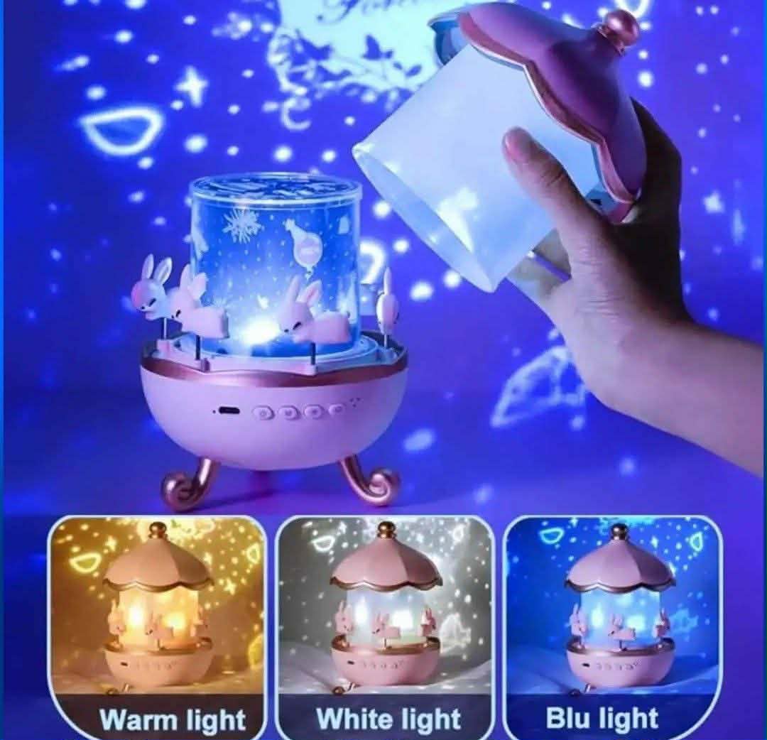 Bunny's Carousel Rotating Night Light Projector - 360° Rechargeable Star Galaxy Ceiling Lamp for Kids & Nursery Decor