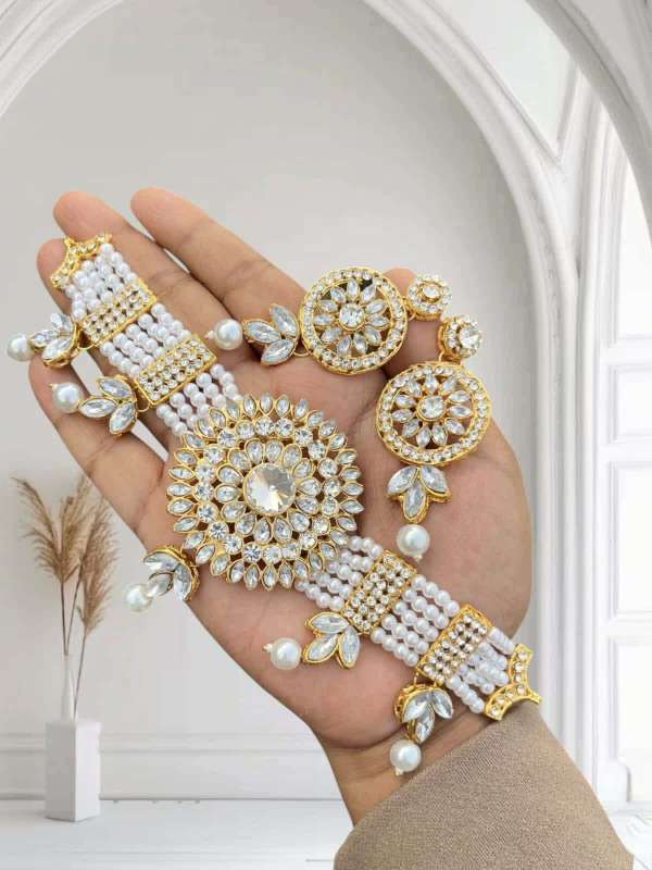 Royal Pearl & Kundan Flower Choker Set - Elegant Multi-Layered Pearl Jewelry with Matching Stud Earrings for Weddings & Festivals