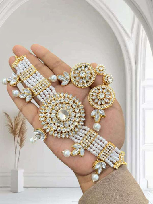 Royal Pearl & Kundan Flower Choker Set - Elegant Multi-Layered Pearl Jewelry with Matching Stud Earrings for Weddings & Festivals