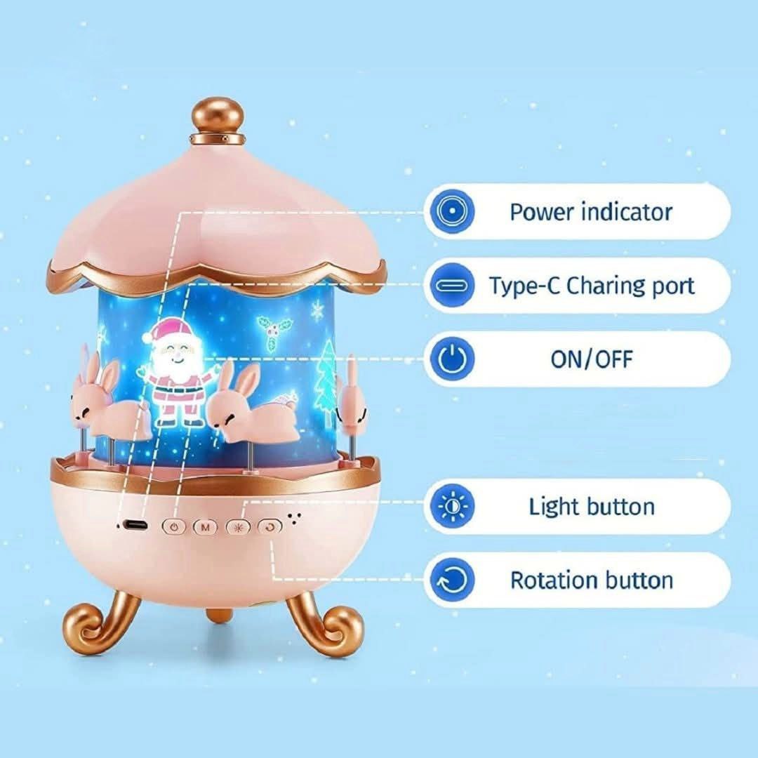 Bunny's Carousel Rotating Night Light Projector - 360° Rechargeable Star Galaxy Ceiling Lamp for Kids & Nursery Decor