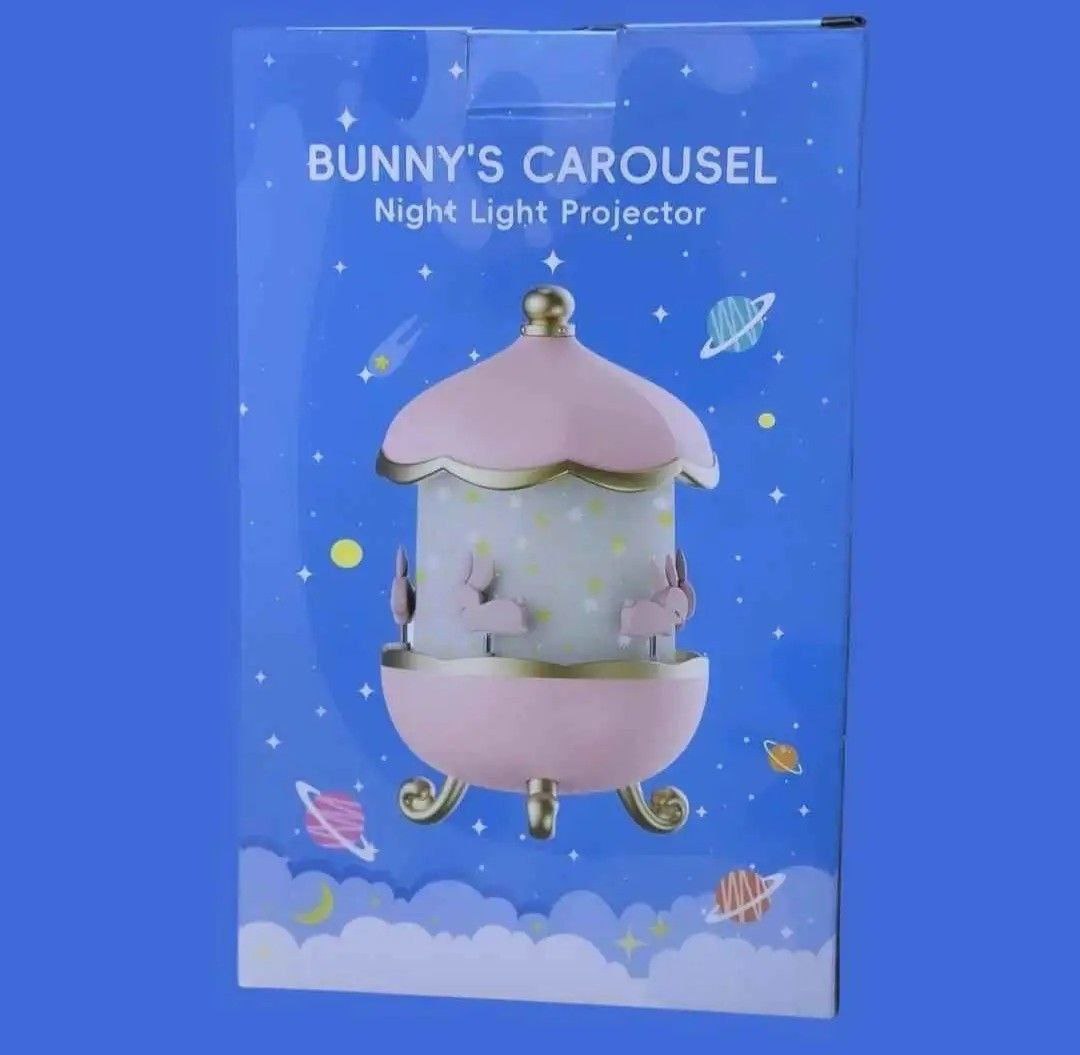 Bunny's Carousel Rotating Night Light Projector - 360° Rechargeable Star Galaxy Ceiling Lamp for Kids & Nursery Decor