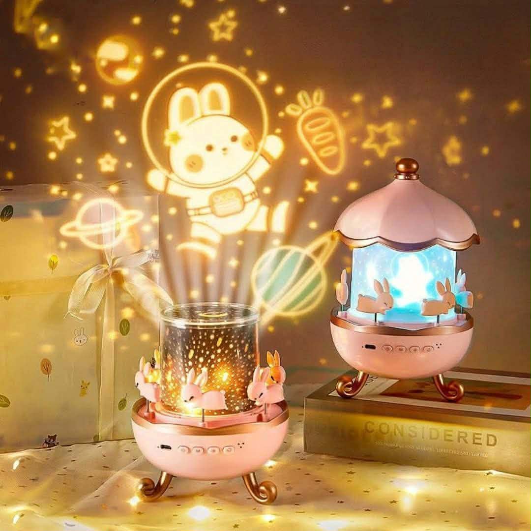 Bunny's Carousel Rotating Night Light Projector - 360° Rechargeable Star Galaxy Ceiling Lamp for Kids & Nursery Decor