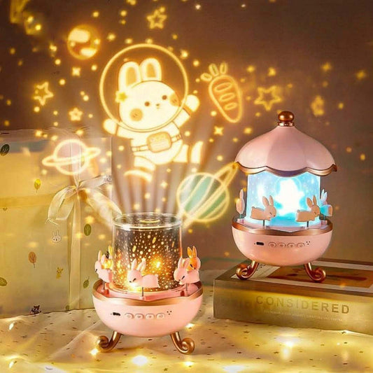 Bunny's Carousel Rotating Night Light Projector - 360° Rechargeable Star Galaxy Ceiling Lamp for Kids & Nursery Decor